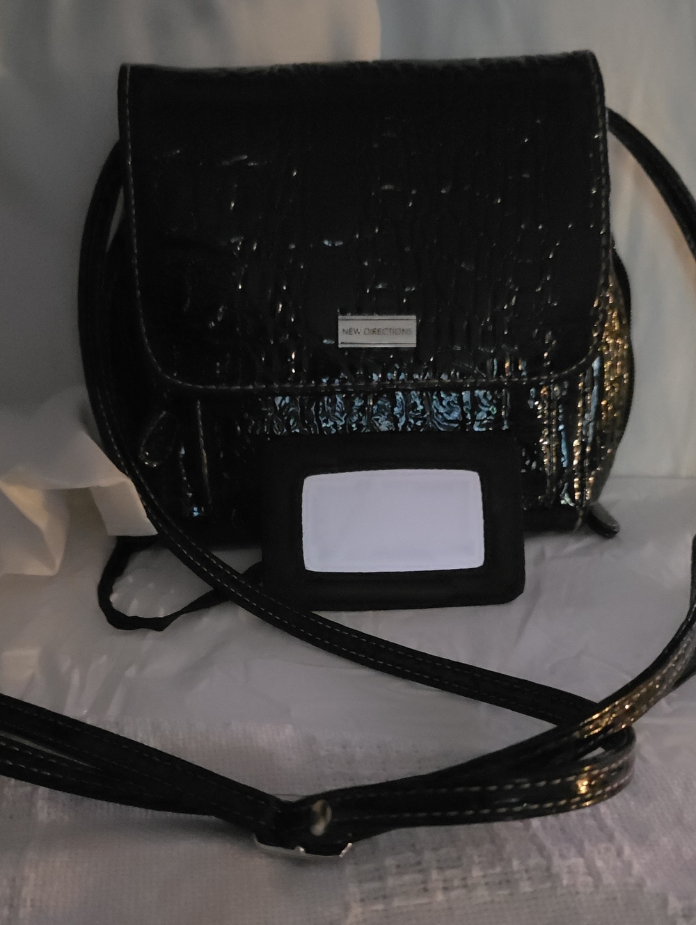 new directions Black Patent Crossbody with Textured Flap